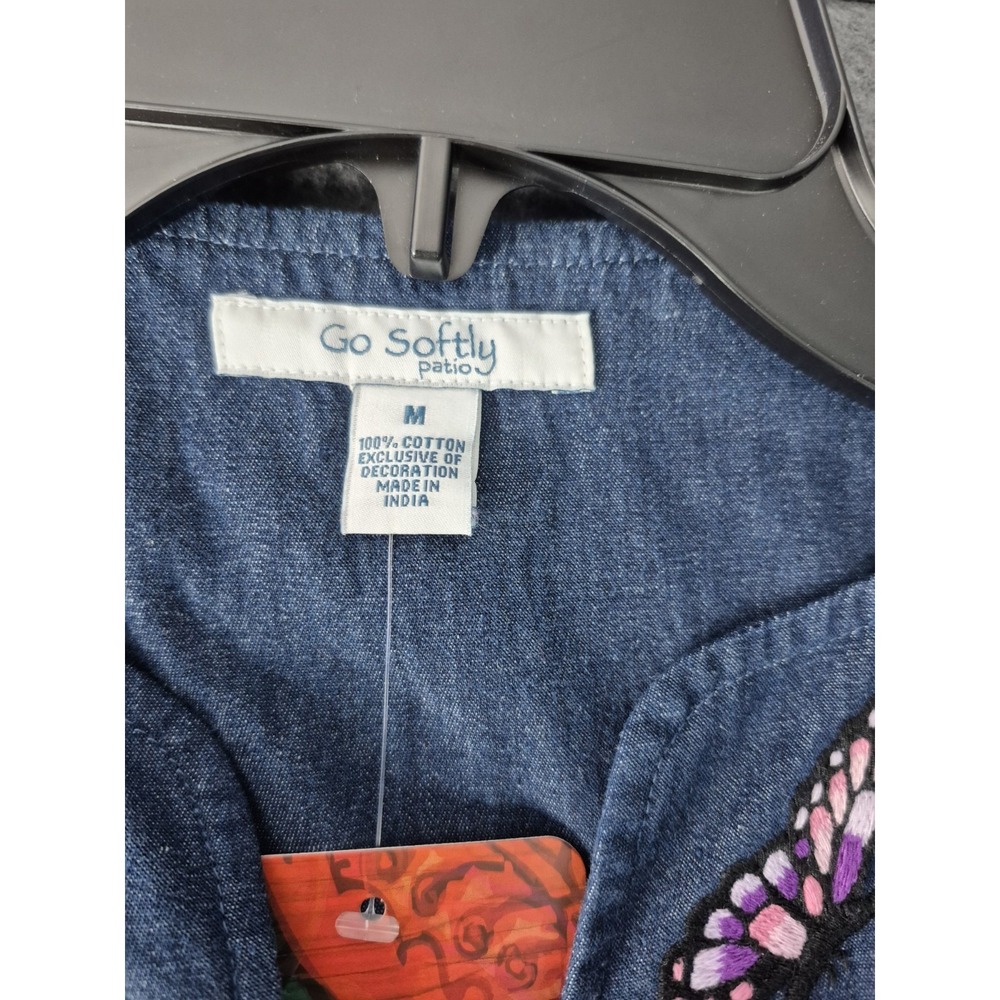 Go Softly Patio House Dress Duster MuMu M Embroidered Snap Front Chambray NWT - Picture 9 of 10